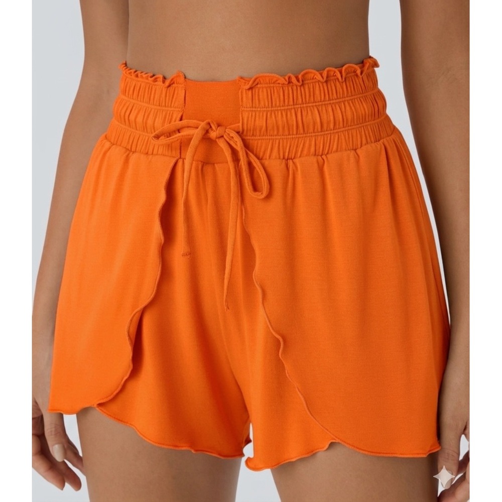 Halara Shorts Women XS Orange Flowy Smocked High Waist Frill Flowy NEW